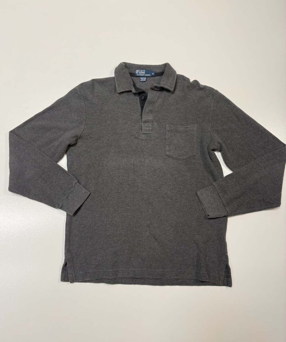 Polo Ralph Lauren Vintage Long Sleeve Waffle Knit Polo Men's M Gray Pocket Old M